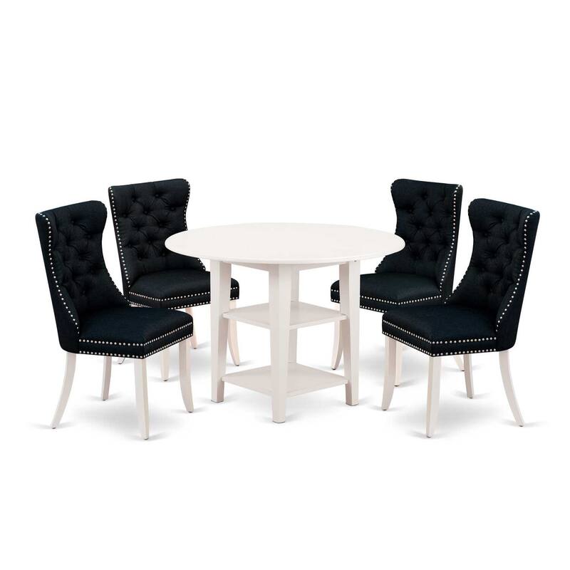 5-Piece Linen White Finish Solid Wood Top - Round Upholstered Dining Room Set - Seats 4