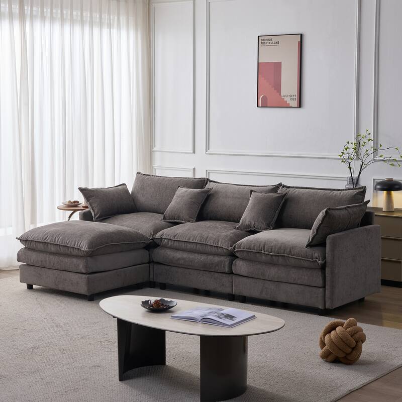 105" Modular Sectional Sofa with Ottoman, Upholstered Chenille Fabric 3-Seater