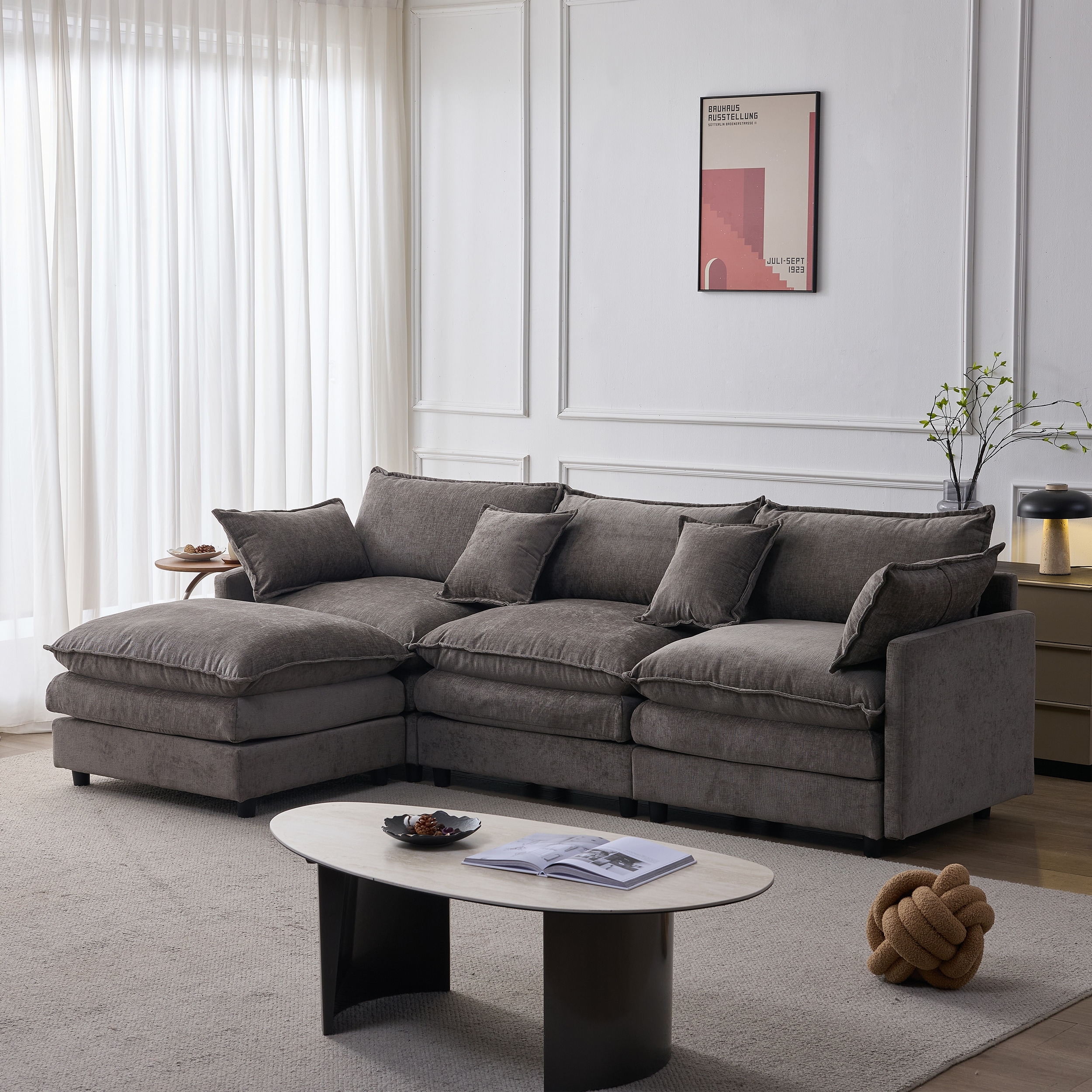 GDFStudio Velcora Chenille L-Shaped Sofa with Ottoman Modern Modular Living Room Couch Set