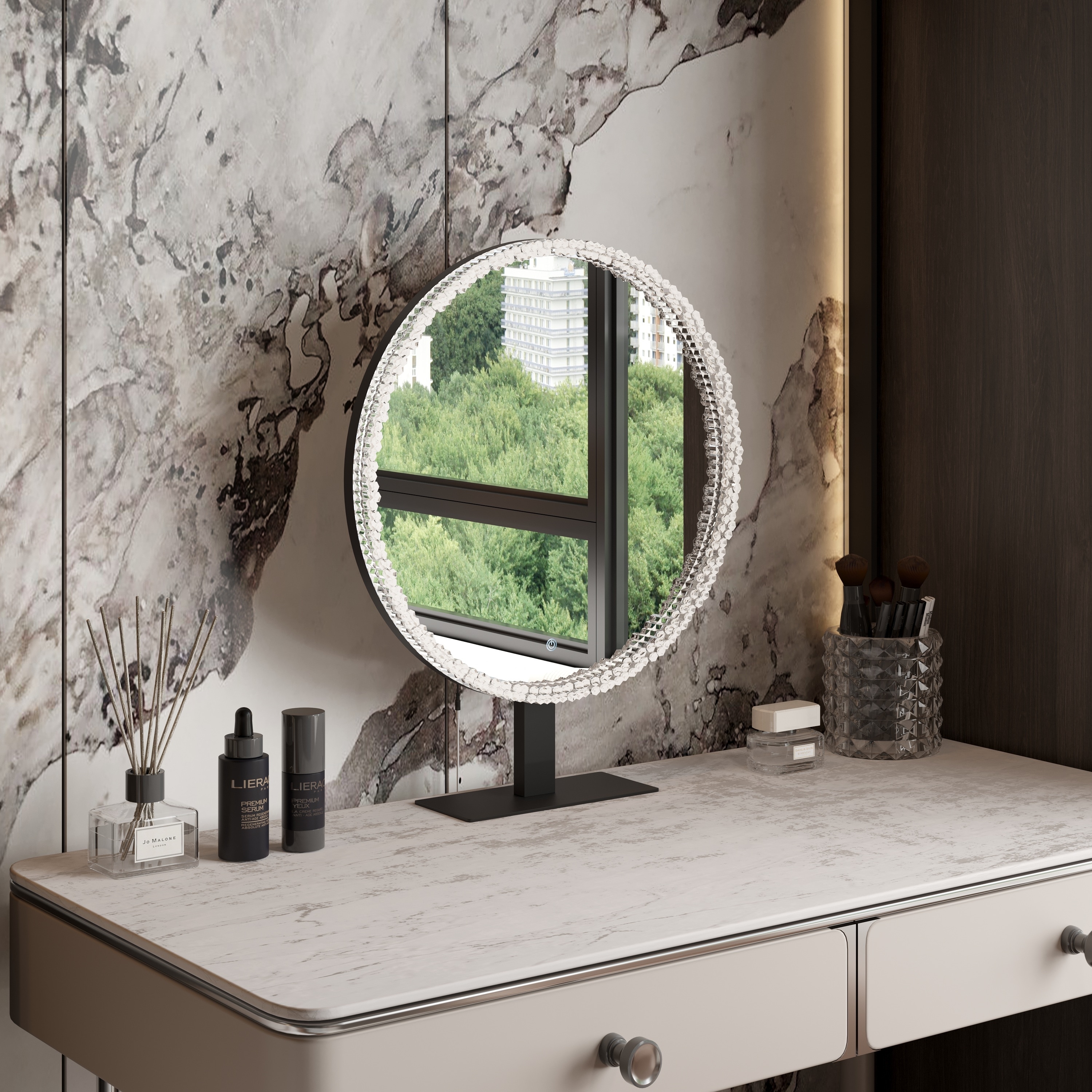 Modern Dresser with LED Mirror, 3-Color Dimmable Light Vanity Set, Adjustable Mirror Angle, 6 Drawer Storage Cabinet