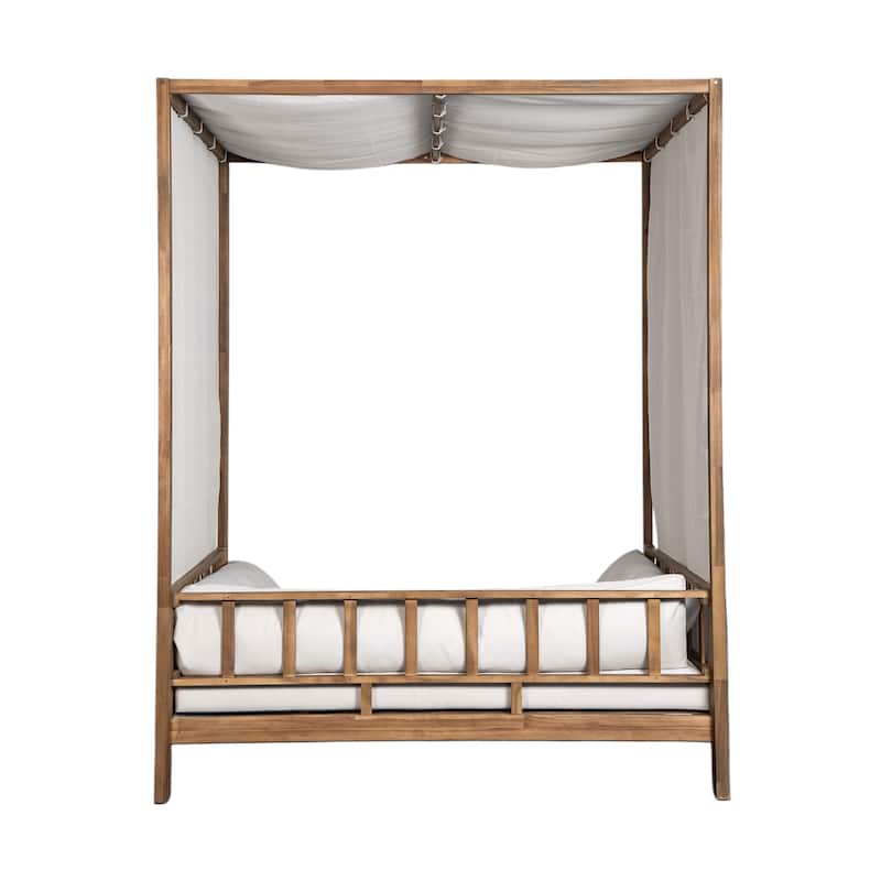Scott Living Outdoor Acacia Wood Daybed with Canopy and Curtains, Washable Cushions and Detachable Pillows