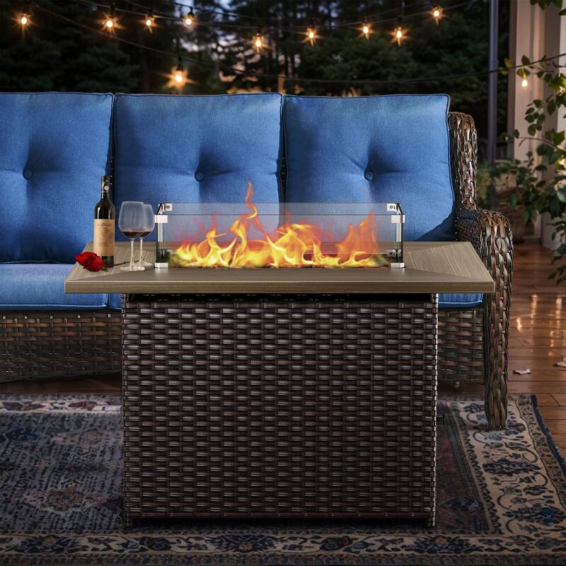 Outdoor Propane Fire Pit Table - 55000 BTU, Adjustable Flames with Wind Guard - Rectangle - Brown