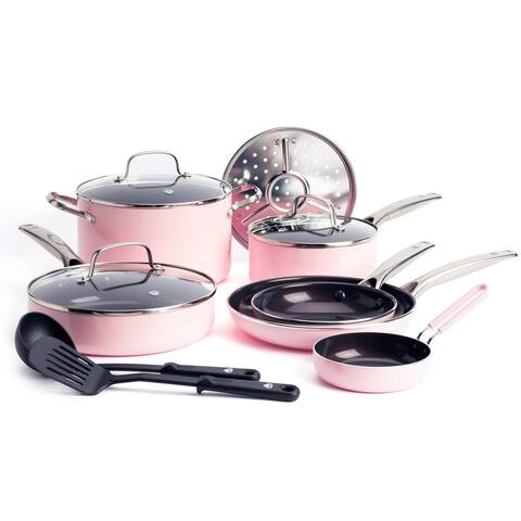 Toxin-Free Ceramic and Dishwasher Safe 12-Piece Pots and Pans Cookware Set, Pink