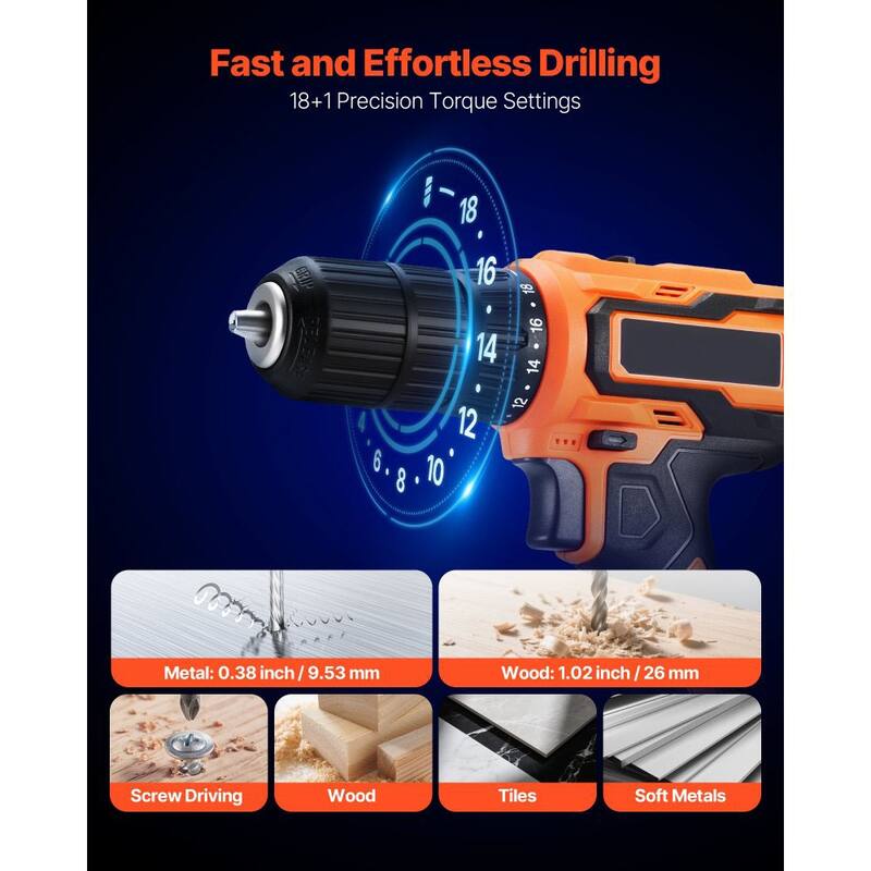 2000mAh Cordless Drill Driver with All-Metal Chuck Dual-Speed 0-1500RPM for DIY Projects - 7.68" x 2.87" x 8.66"