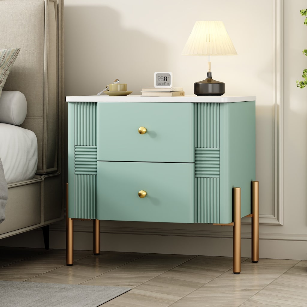 Modern 2-Drawer Fluted Nightstand - Golden Metal Handles/Legs, Easy Assembly (Green)
