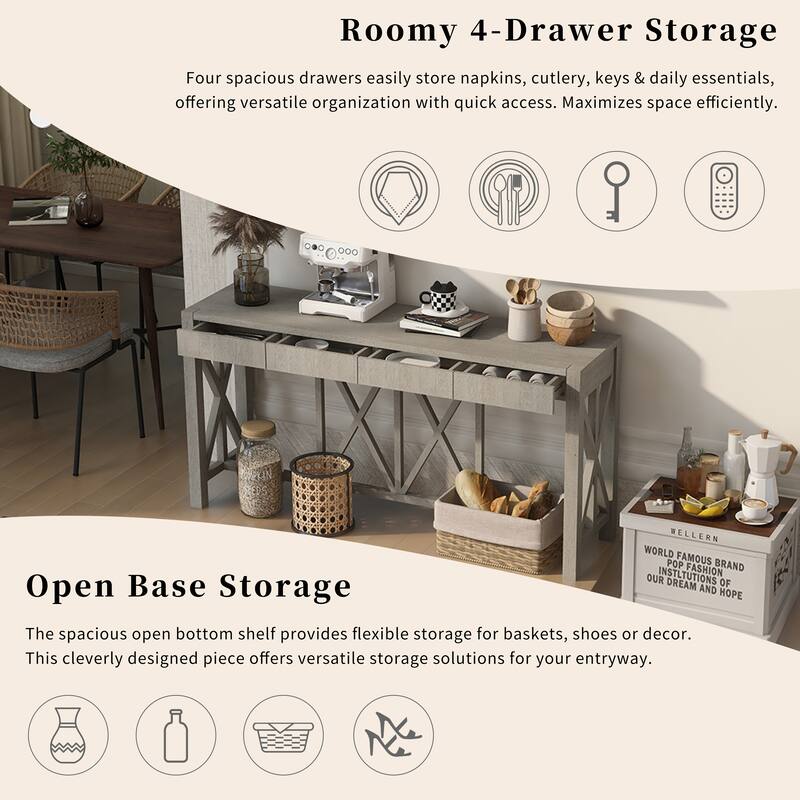 Acacia Veneer Console Table Entryway Table with 4 Drawers and X-Leg, Farmhouse Sofa Table with Open Bottom Storage