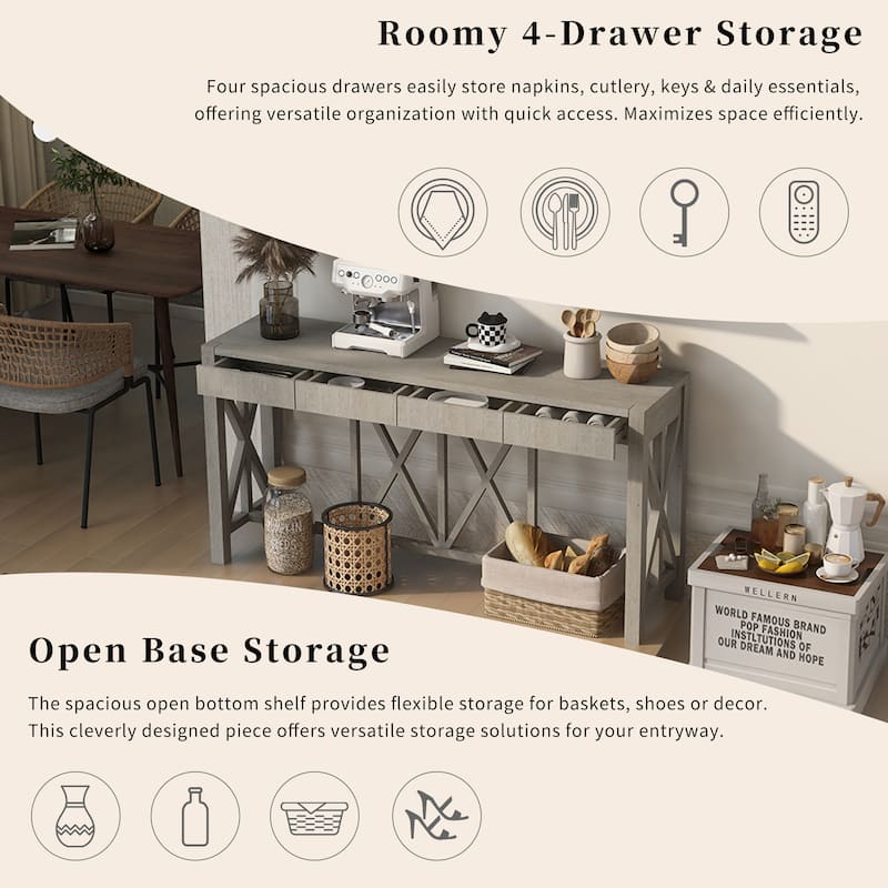 60''Acacia Veneer Console Table with 4 Spacious Drawers,Modern Crisscross Design Entryway Table with Open Bottom Storage