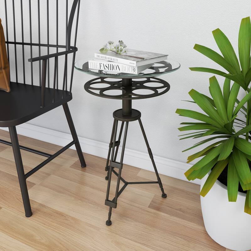 Black Metal Film Reel Accent Table with Tripod Legs and Glass Top