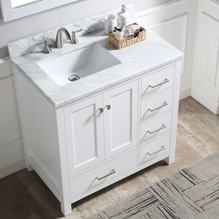 BATHLET 36 inch Marble Top White Left Sink Bathroom Vanity Set