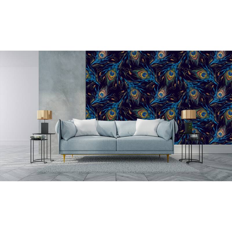Embroidery Peacock Feathers, Removable Wallpaper - 10'ft H x 24''inch W