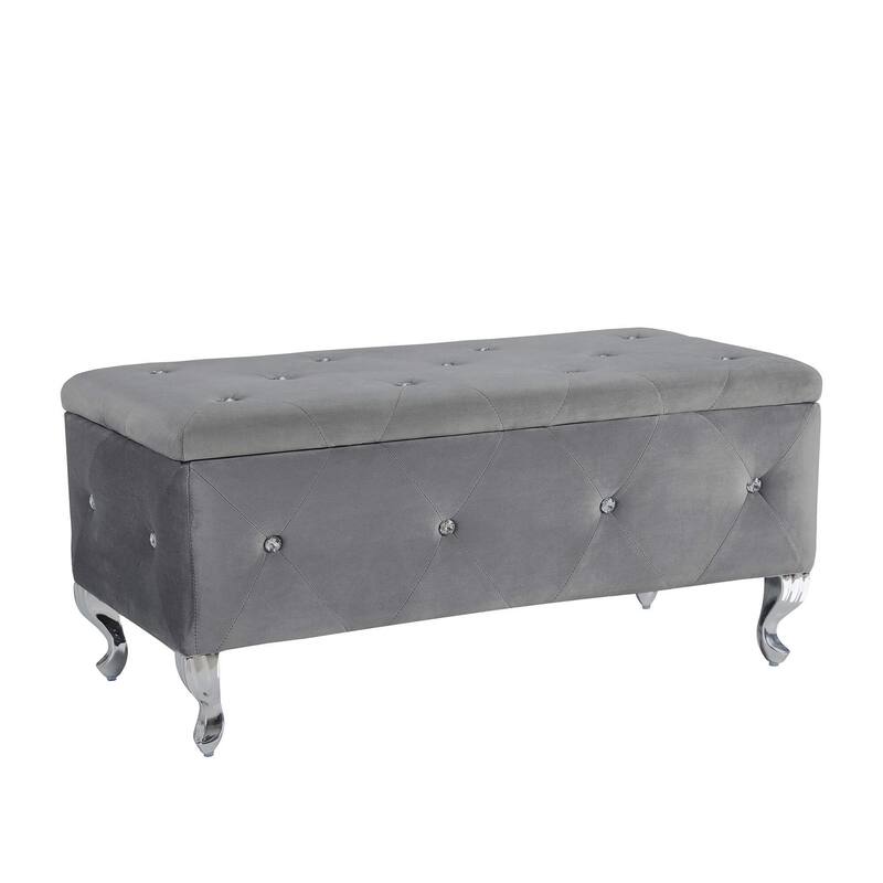 Decorative Bench Makeup Bench with Crystal Buttons, Exquisite Storage Bench Padded Seat with Safety Hinged Flap - Gray