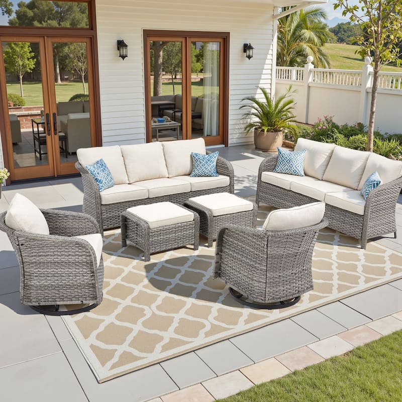 Pocassy Outdoor Patio Wicker Sofa Chair Furniture Set - Light Grey Wicker Beige Cushion - 6 Pieces Sofa Swivel Chair with Ottoman