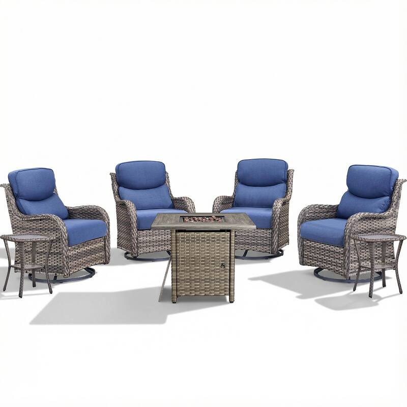 Pocassy Outdoor Propane Fire Pit Table with Sofa Swivel Chair Funiture Set.