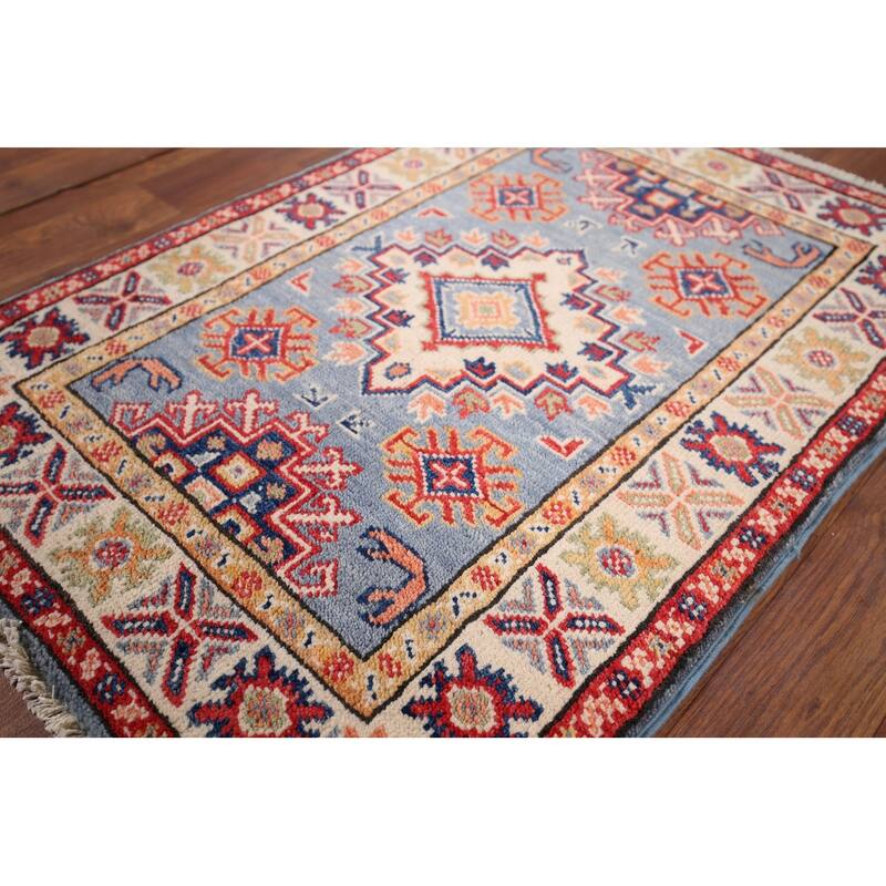 Light Blue Kazak Oriental Foyer Rug Hand-Knotted Wool Carpet - 2'1" x 2'11"