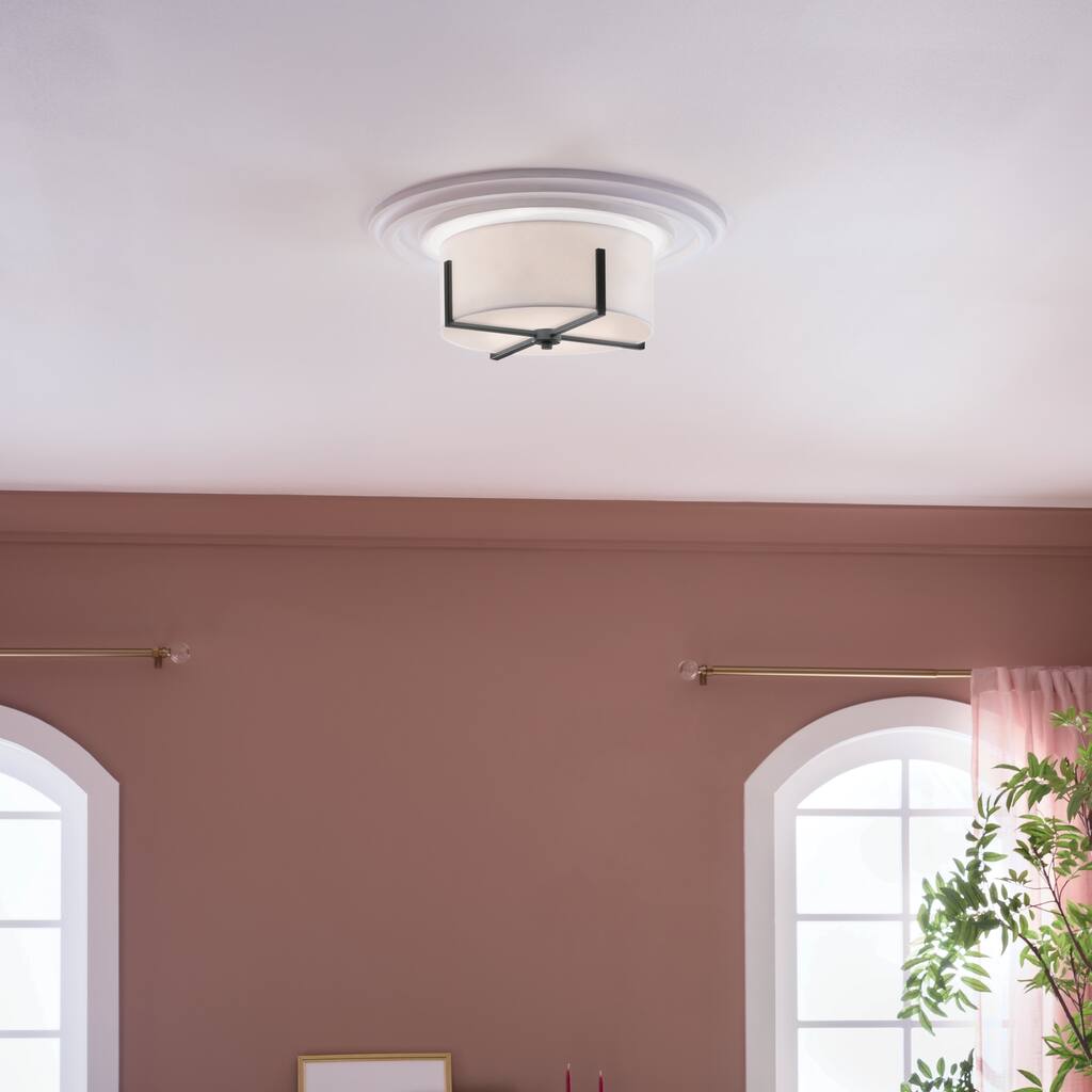 Kichler Lighting Malen 15.5 in. 2-Light Black Flush Mount Light with White Fabric Shade