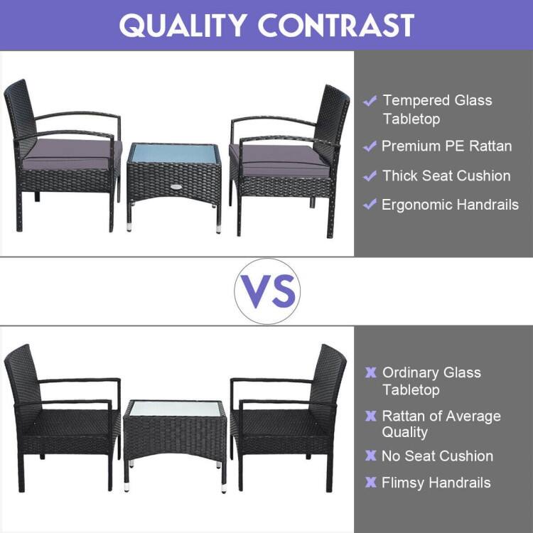 3 Pieces Patio Wicker Rattan Furniture Set with Cushion for Lawn Backyard - 19.5" x 19.5" x 15" (L x W x H)