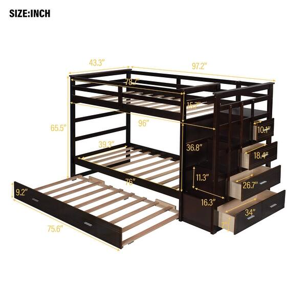 Concise & Elegant Solid Wood Bunk Bed, Twin Over Twin Bunk Bed with Trundle and Staircase, Easy Assembly