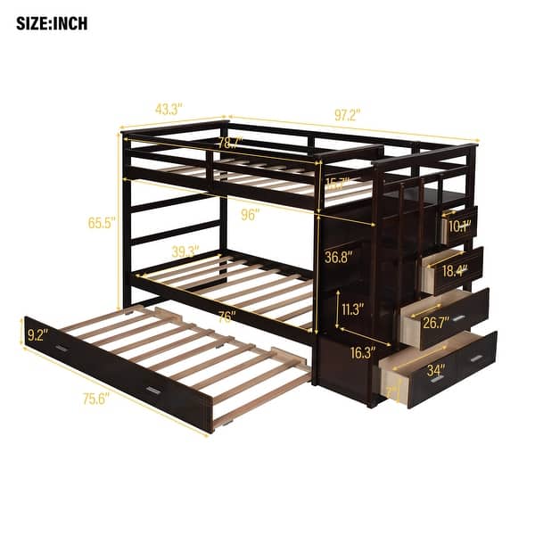 dimension image slide 0 of 3, Twin Over Twin Wood Bunk Bed for Kids with Trundle and Staircase(4 Storage Drawers)