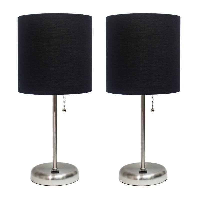 19.5 in. Brushed Steel Finish Table Lamp with Black Shade, Durable Stick Lamp for End/Side Tables, Set of 2