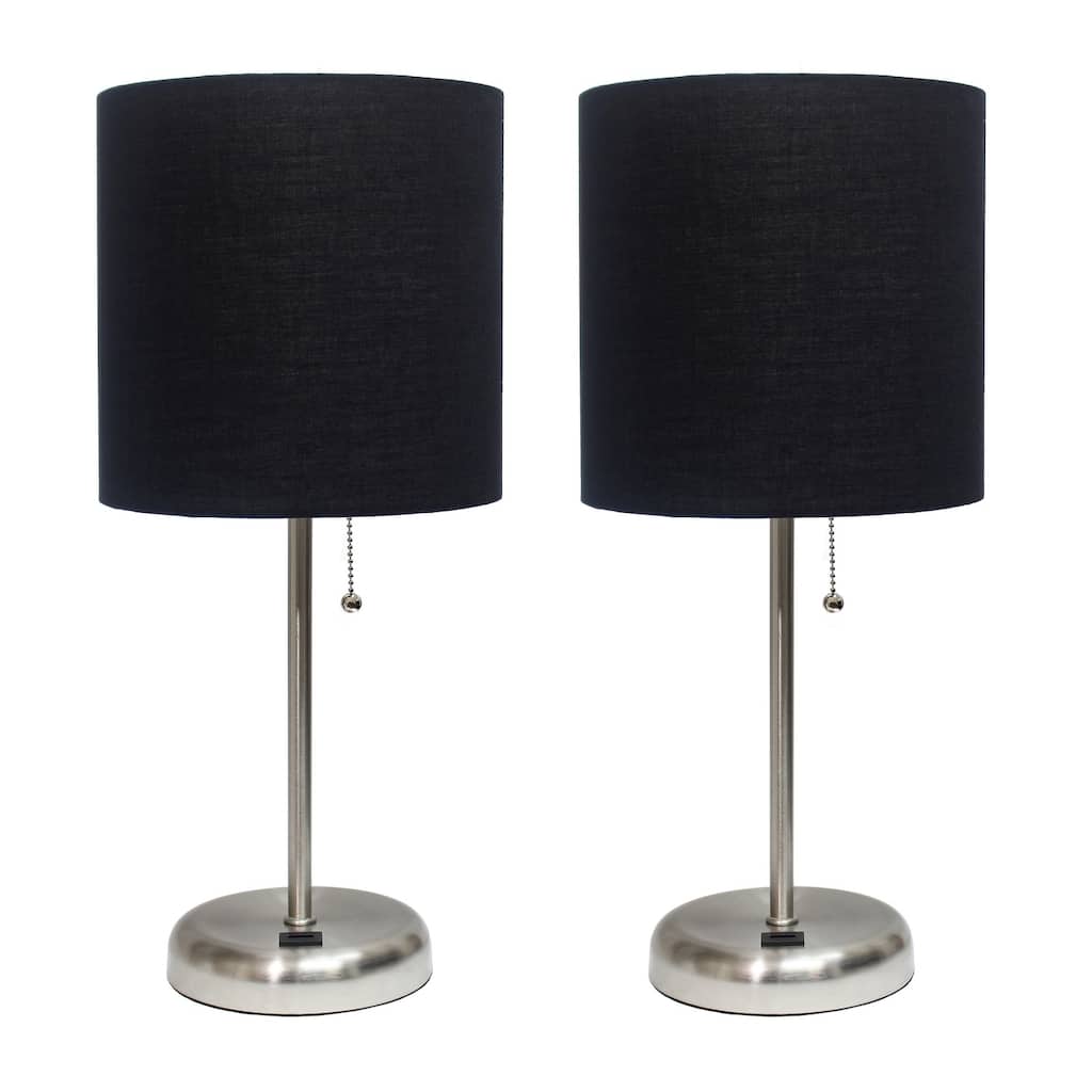 19.5 in. Brushed Steel Finish Table Lamp with Black Shade, Durable Stick Lamp for End/Side Tables, Set of 2