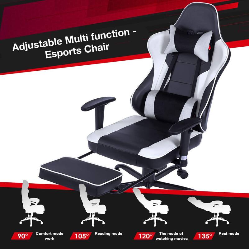 Leather Gaming Chair with Vibration Massage, 2D Armrests and 135° Recline