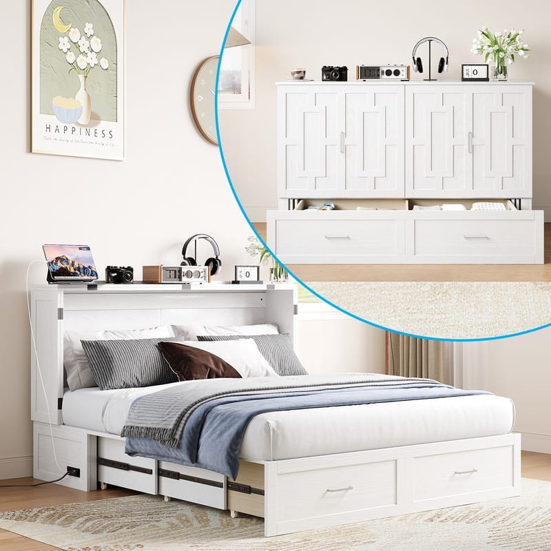 Mixoy Queen Modern Murphy Bed Chest with Mattress,Storage Drawer,Charging Station