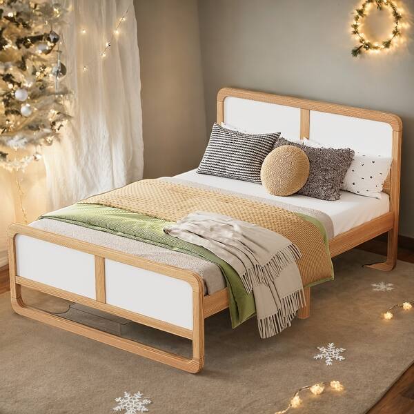 slide 2 of 10, Modern Queen Solid Wood Platform Bed, Walnut & White, No Box Spring White+Walnut