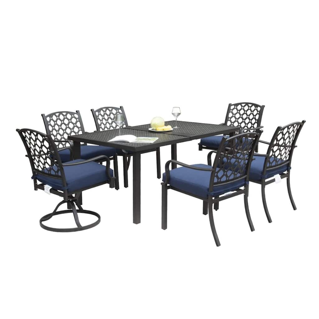 Outdoor 7 pcs Patio Dining Set, Metal Dining Table, Swivel and Dining Chairs Conversation Set with Removable Navy Blue C