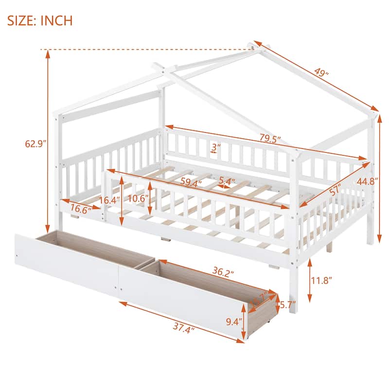 Full Size Wooden House Bed with Two Drawers and Roof for Kids, Boys and Girls, Bedroom