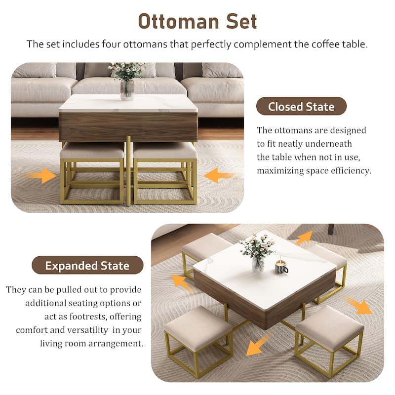 Mid-Century Lift Top Coffee Table Set, Large Square Storage Coffee Table with 4 Ottomans, Family Gathering Wooden Center Table
