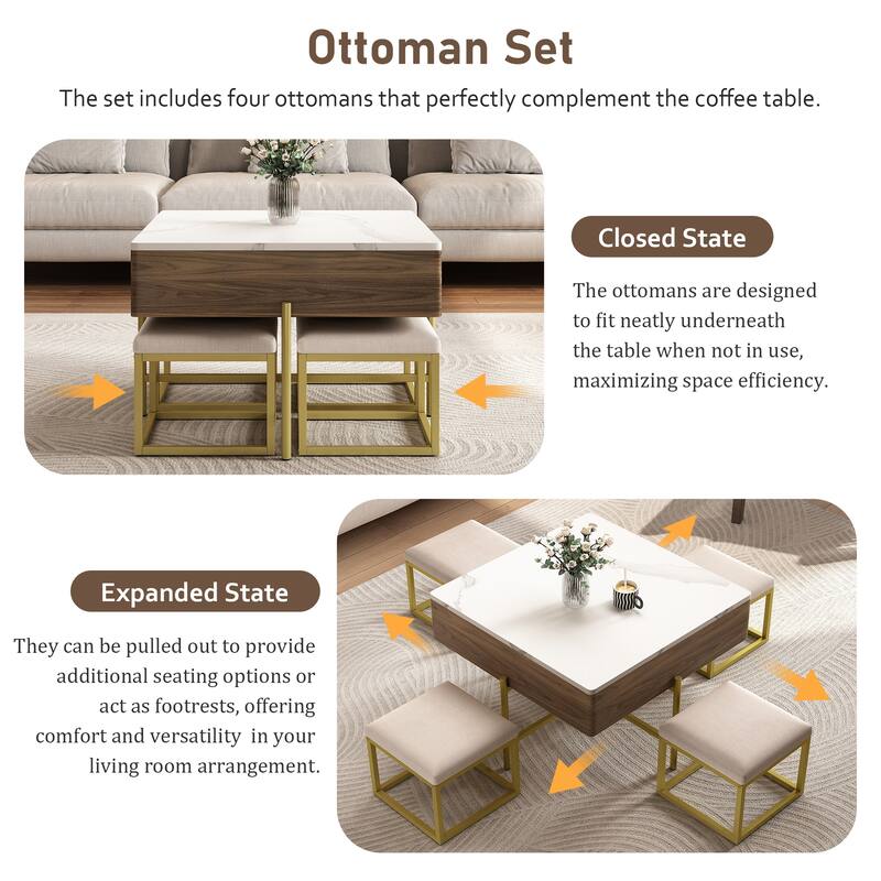 Roomfitters Modern Square Lift-Top Coffee Table Set with Hidden Storage, 4 Upholstered Ottomans, White & Walnut