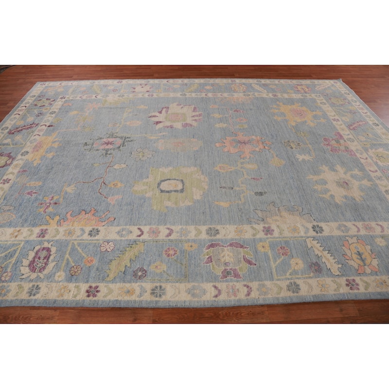 Hand Knotted Oriental 100% Wool Carpet Transitional All-Over Navy Blue & Blues Oushak Area Rug - 12' 2'' X 8' 9''
