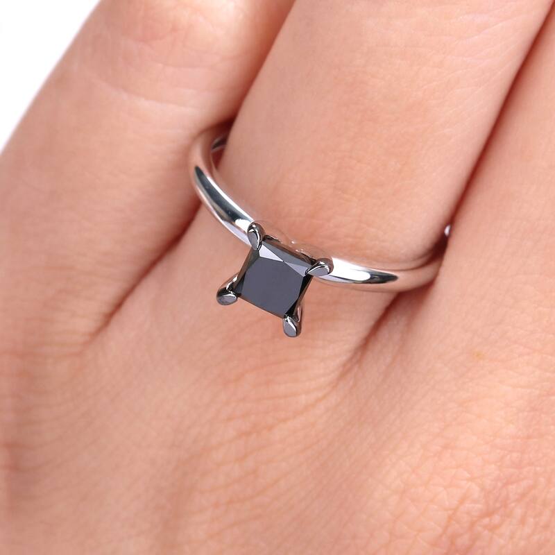 Miadora 1ct TDW Princess-cut Black Diamond Solitaire Engagement Ring in 14k White Gold
