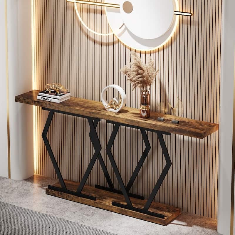 70.9 Inch Extra Long Sofa Table White and Gold Faux Marble Tabletop