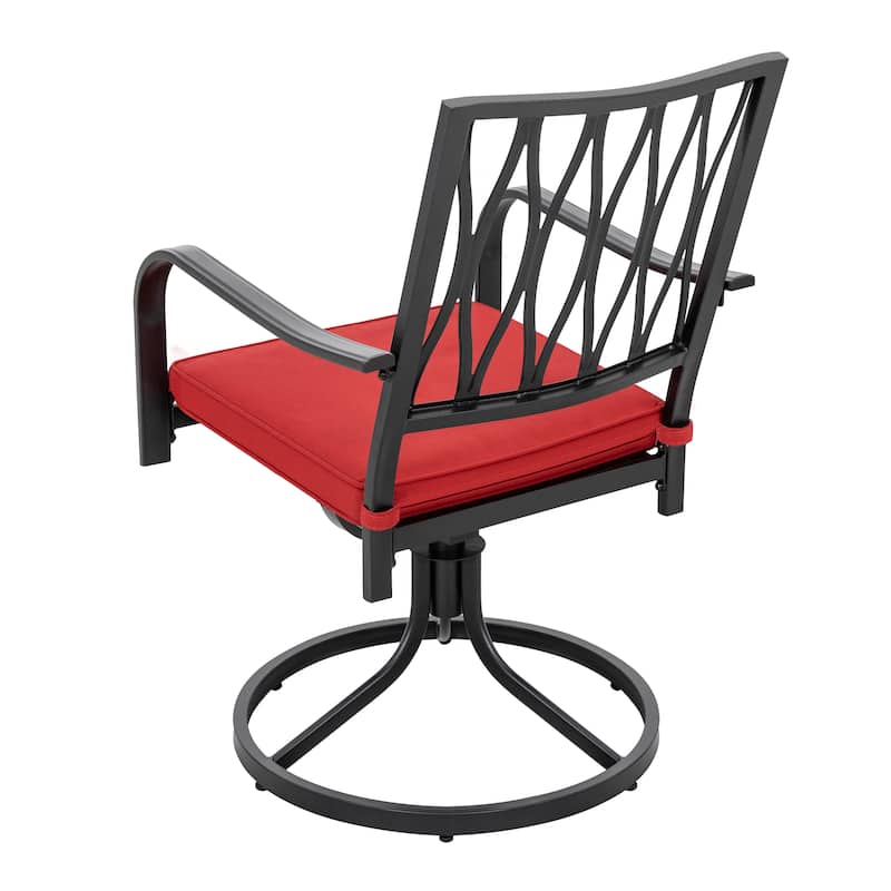 Outdoor 2-Piece Metal Swivel Dining Chairs with Red Cushions