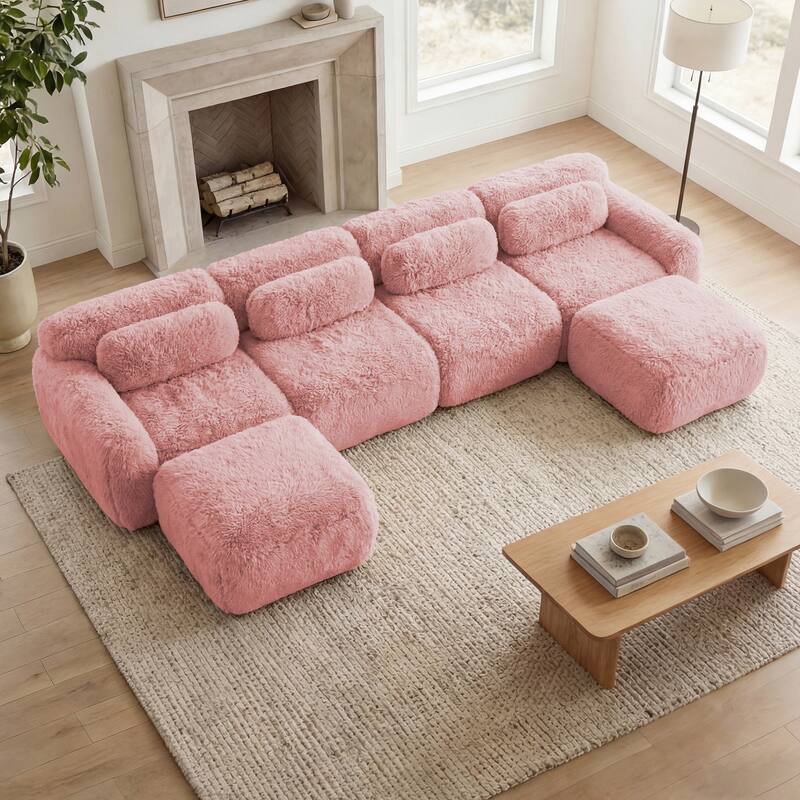 Homy Casa Pink Plush Modular Sectional Sofa Set Soft Cloud Floor Couch