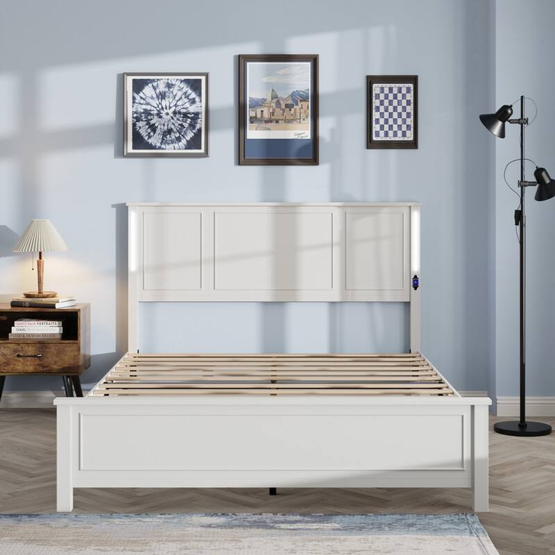 Platform Bed Frame with Wood Headboard and Footboard,Charging Station and LED Lights