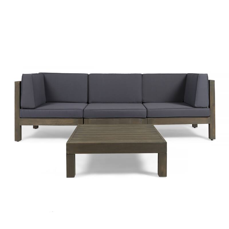 Brava Outdoor 3-Seater Acacia Wood Sectional Sofa Set with Coffee Table and Cushions by Christopher Knight Home - gray + dark gray cushion