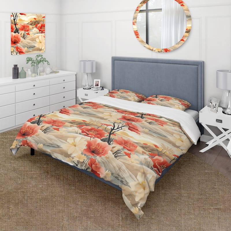 Designart "Sandy Beige Peonies Mirage Peach II" Orange cottage bedding set with shams - King