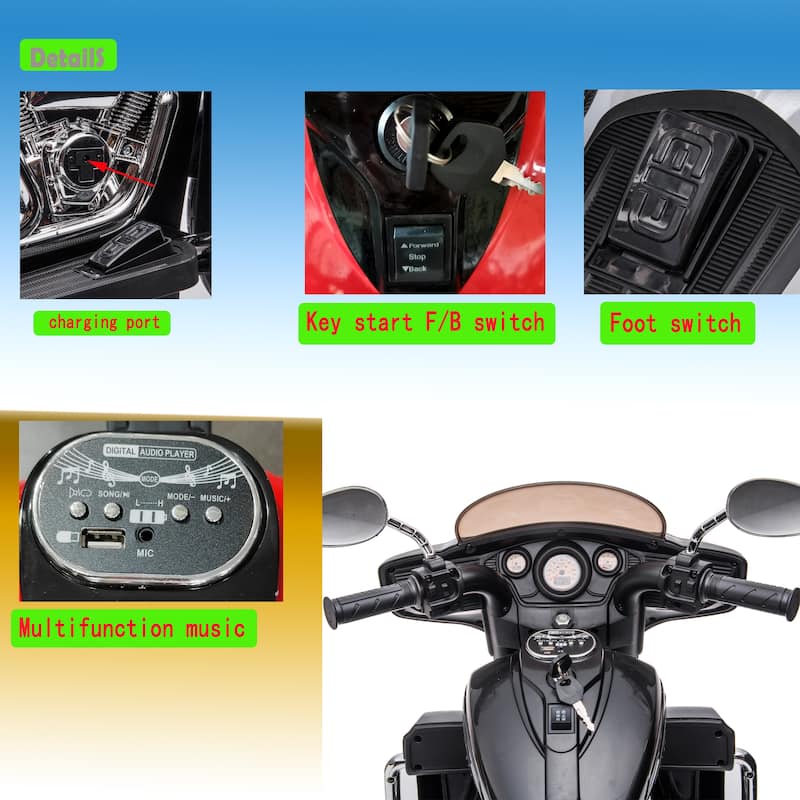 Kids 3-Wheel Motorcycle with Dual Seats, Ride-On Motorcycle Red Electric Motorcycle with LED Headlight