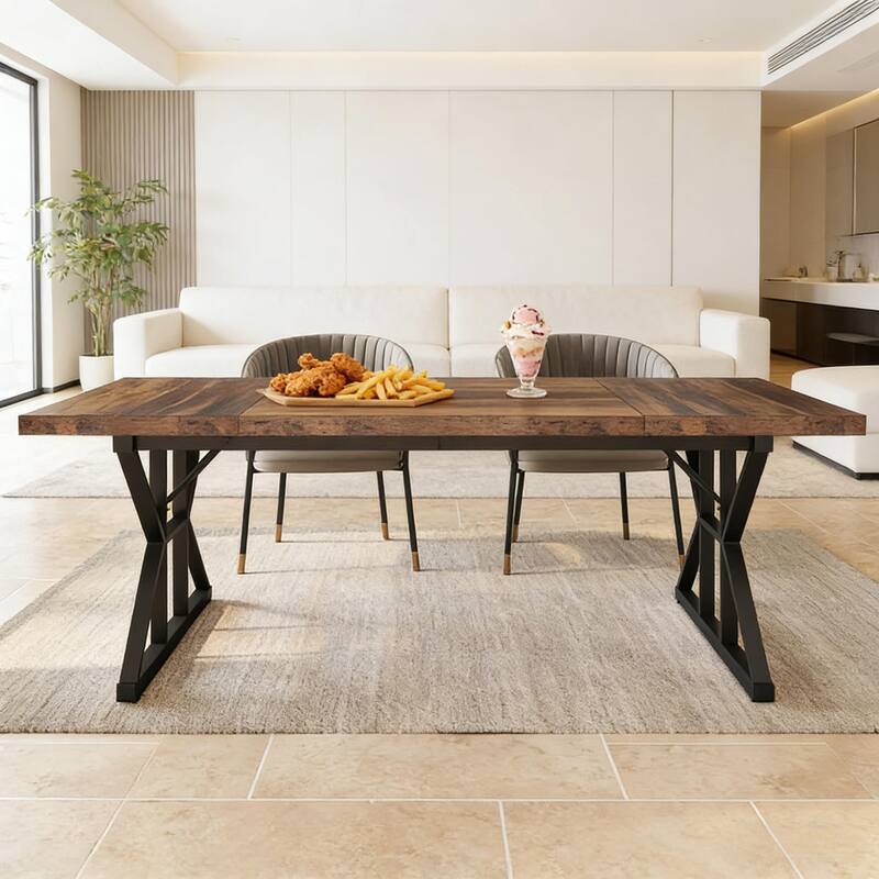 Farmhouse Dining Table Trestle Base Metal Accents Seats 6 Versatile Use