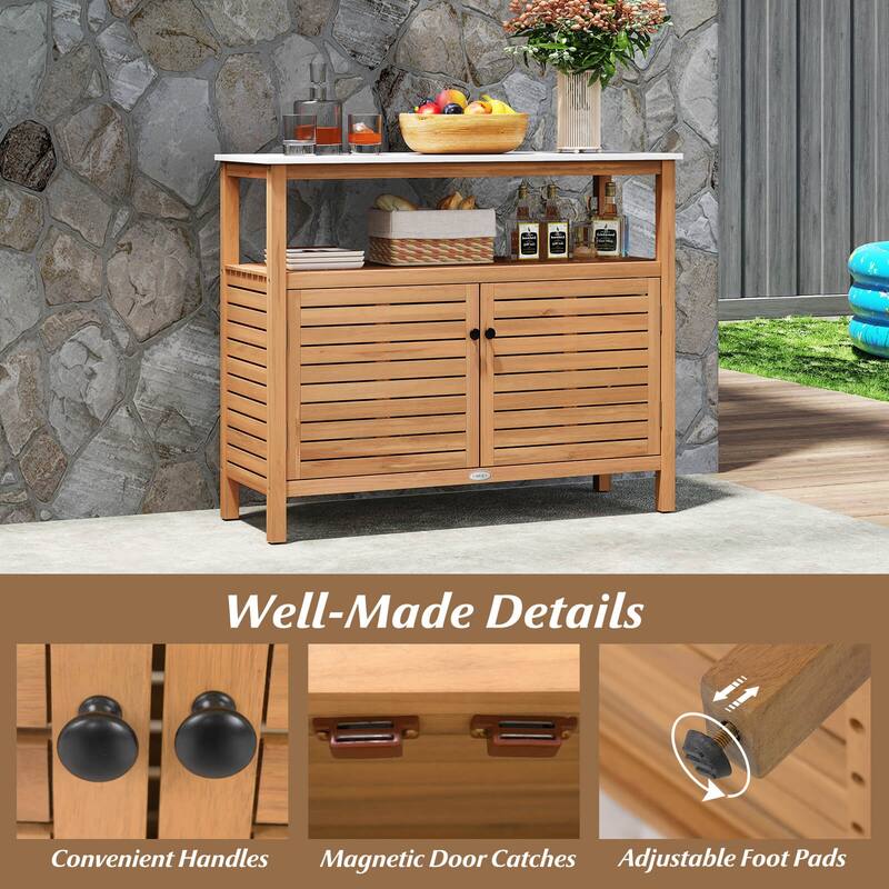 Costway Patio Wood Storage Cabinet with Marble-Like Countertop, Open - See Details