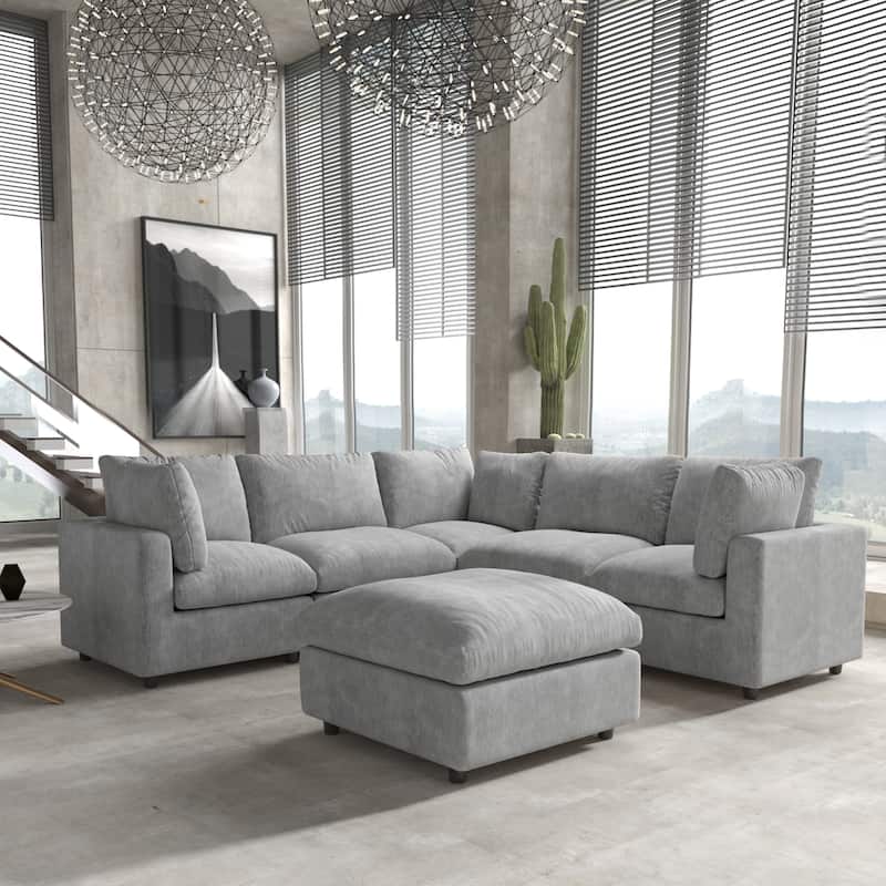 Living Room Corner Sofa Minimalist Upholstered Cushion Sofa Chenille Modular Sectional Couch with Ottoman - Grey