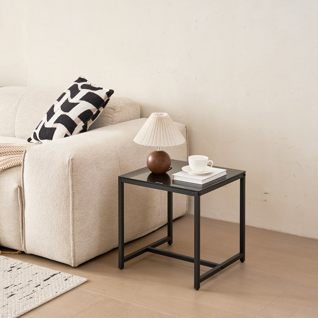 Black Glass Night Stand,MDF Side Table, Small Tea Table, Sofa Table with Metal Leg