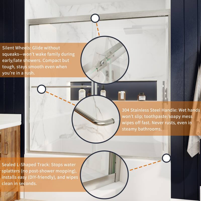 Modland 56-60" Sliding Bathtub Door, 1/4" ANSI Glass with Dual Protection Film, Matte Black Bypass Tub Enclosure