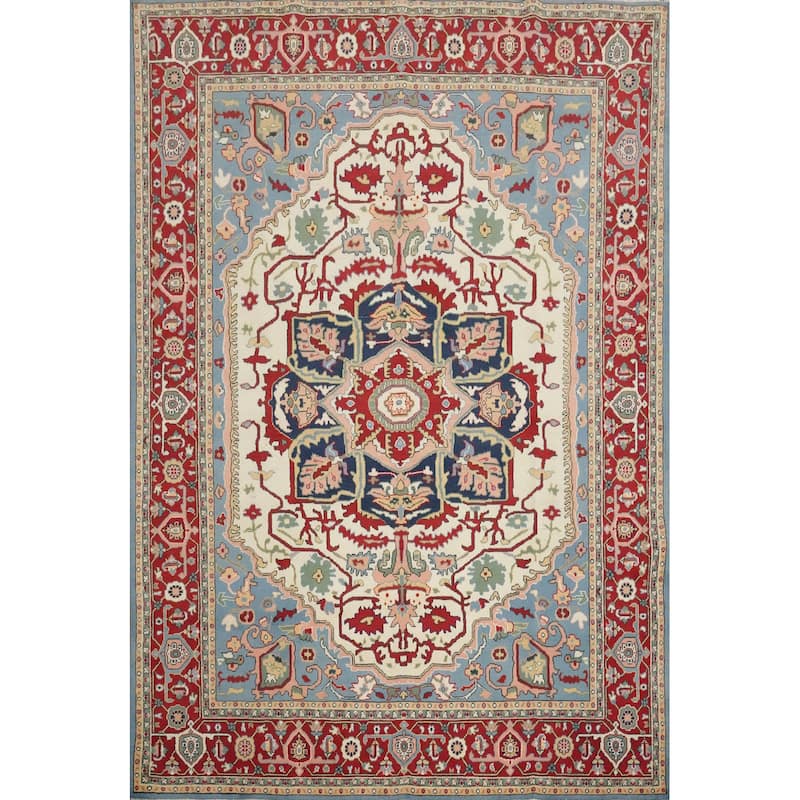 Hand Knotted Oriental 100% Wool Carpet Traditional Medallion Beige & Ivories Heriz (serapi) Area Rug - 9' 10'' X 7' 11''