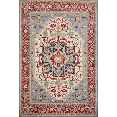 Hand Knotted Oriental 100% Wool Carpet Traditional Medallion Beige & Ivories Heriz (serapi) Area Rug - 9' 10'' X 7' 11''