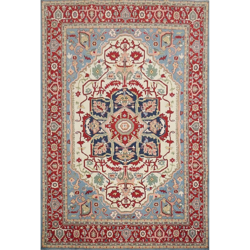 Hand Knotted Oriental 100% Wool Carpet Traditional Medallion Beige & Ivories Heriz (serapi) Area Rug - 9' 10'' X 7' 11''