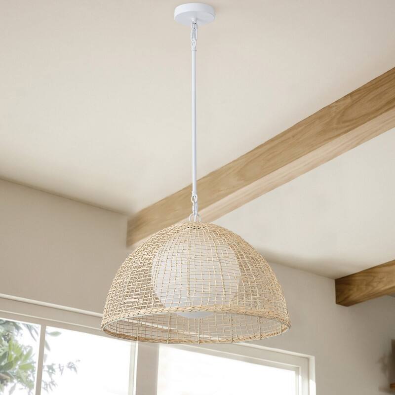 Modern 1 Light White Rattan and Frosted Glass Pendant Light Matte White Ceiling Fixture