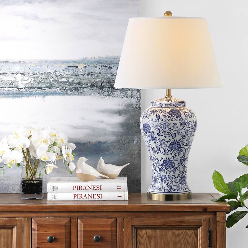 SAFAVIEH Lighting Tiffani Blue Blossom Ceramic Table Lamp (Set of 2) - 17" x 17" x 29" - 17Wx17Dx29H